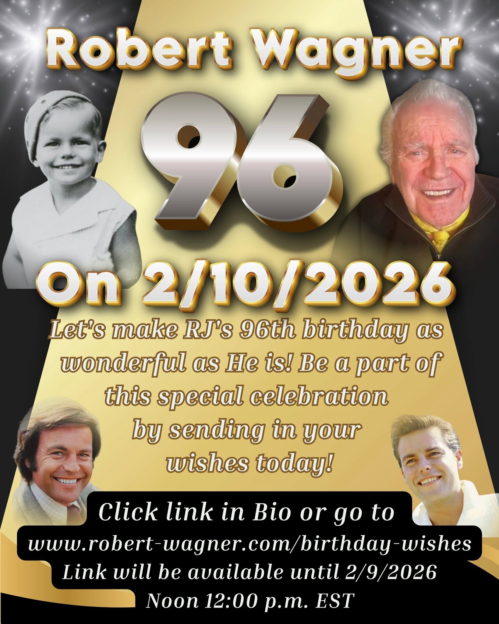 Hi everyone!

Calicia here 😊 RJ gave me the okay to post on his Instagram. It’s that time of year again to send along your birthday wishes! I’ve set it up once again on his website, and I’ll be gathering all of your messages to share with him on February 9th—the day before his birthday.

The link to leave your birthday wishes is in his bio. He truly loves reading them, and your messages mean so much to him. ❤️

Thank you, as always, for the love and kindness you share with RJ. ❤️

#robertwagner #96birthday #family #harttohart #jonathanhart